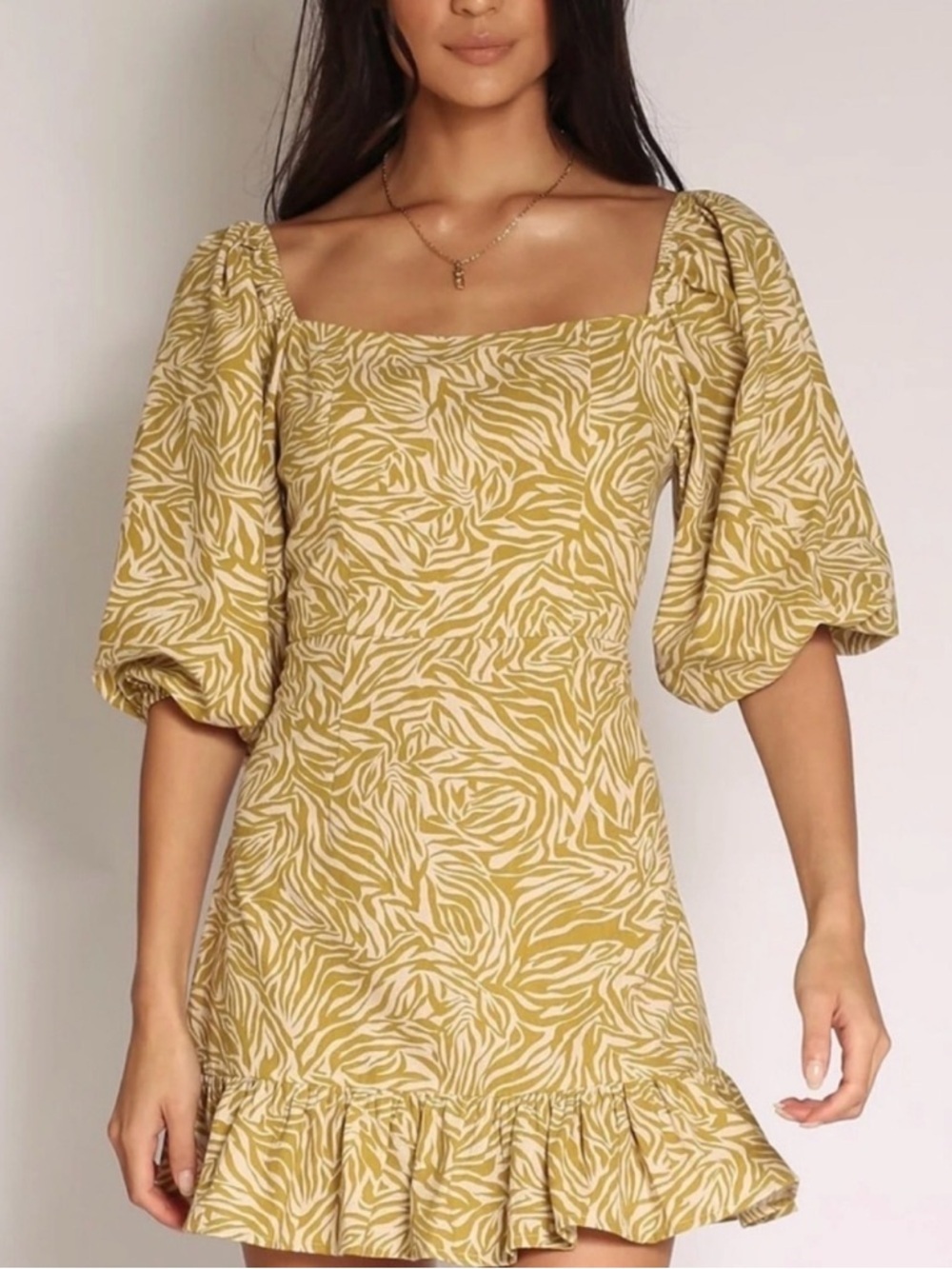 Square Neck Puff Sleeve Mini Dress in Mustard Zebra Print